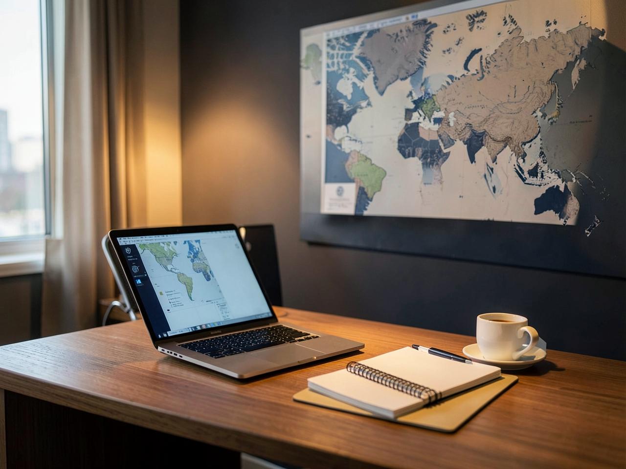 Espace de travail d'une agence de voyages avec ordinateur portable, carnet et carte du monde