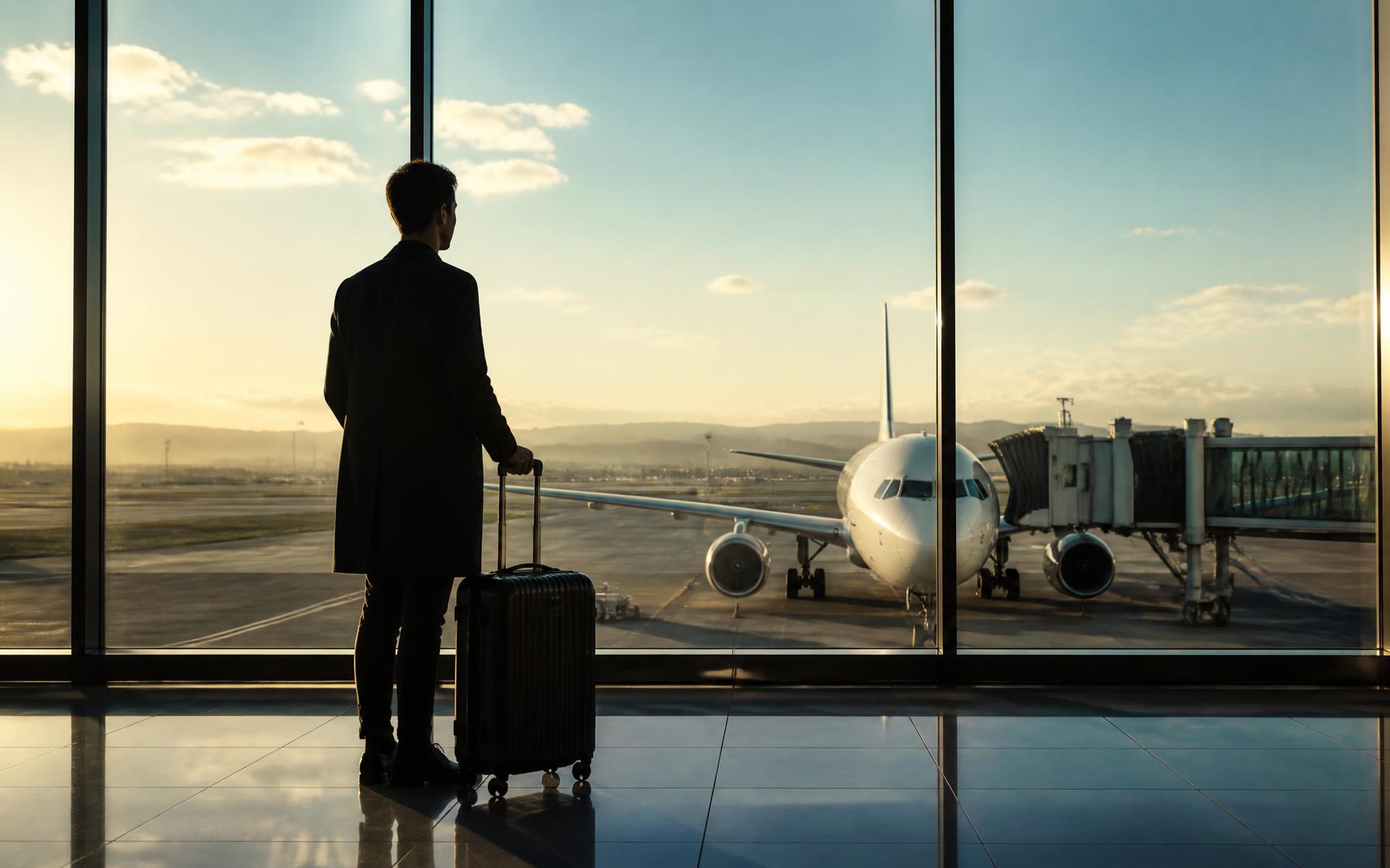 Voyageur avec valise observant un avion à travers les baies vitrées d'un aéroport au lever du soleil